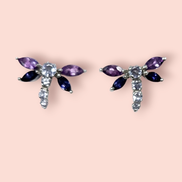 Jewelry - 10K Gold Tanzanite Amethyst Iolite dragonfly earrings